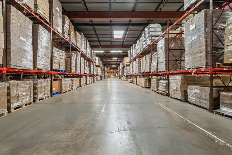 Interior of a modern distribution warehouse with pallet racking in Northeastern Pennsylvania