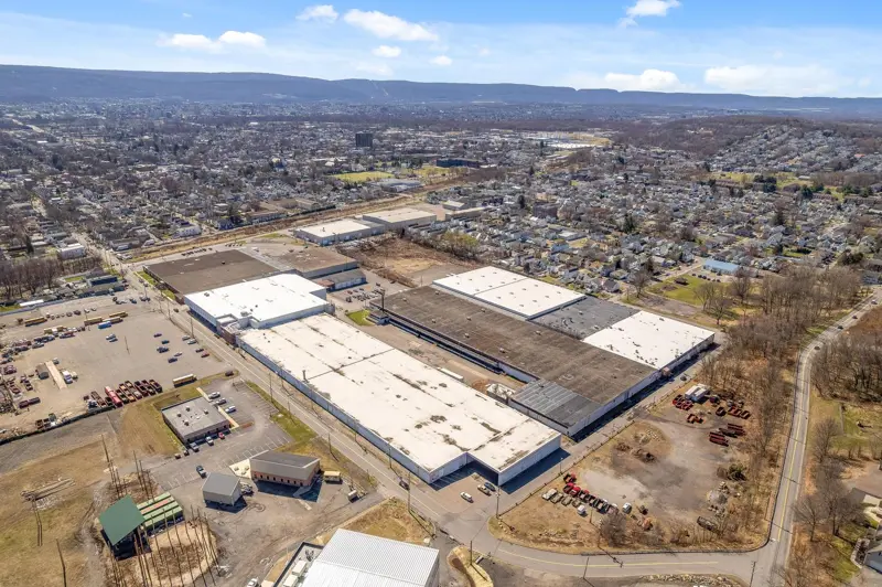 Aerial view of Kingston, Pennsylvania, with the Wyoming Valley and the mountains beyond