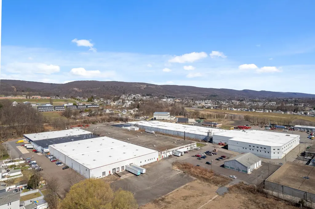 Aerial view of large industrial and distribution buildings in the Wyoming Valley