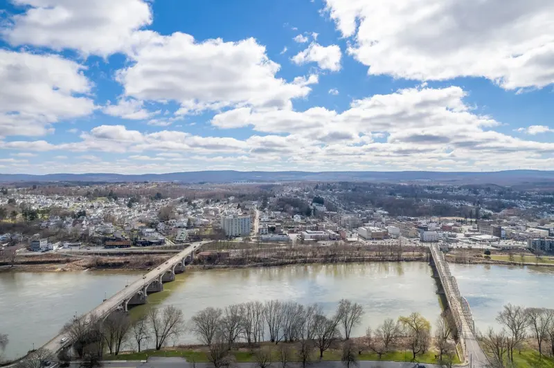 Aerial view of the Susquehanna River valley and its bridges in Luzerne County